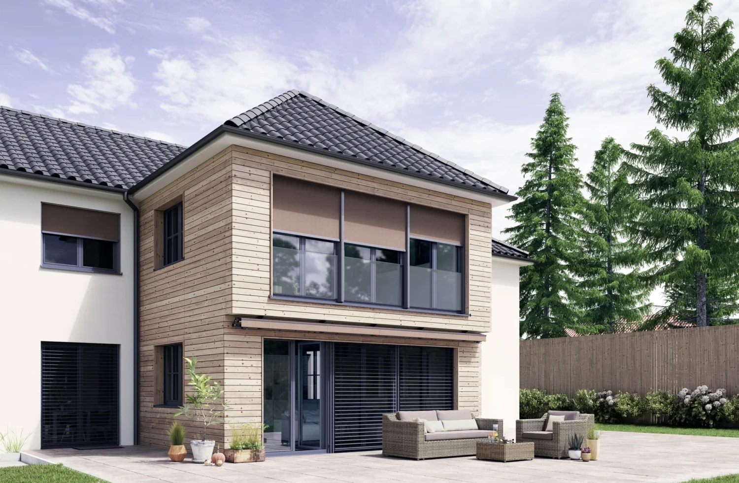 Moderne Terrasse mit stilvollem Sitzbereich und Holzfassade